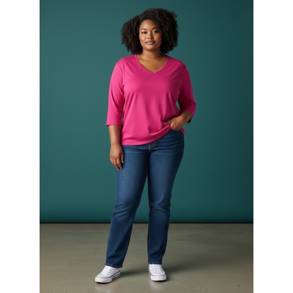 Liz Claiborne Womens 3X Magenta Pink V-Neck 3/4 Sleeve Ribbed Knit Top RELUG129